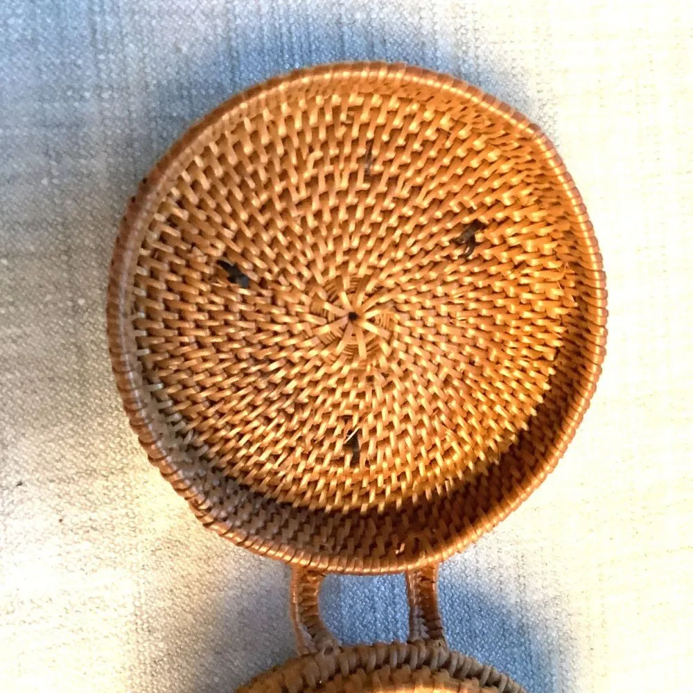 Vintage Bali Basket Round Handwoven Ata Rattan Trinket Box Jewelry with Lid